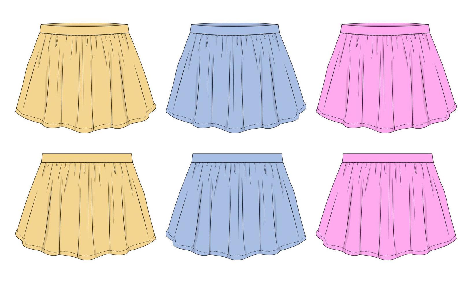 Female pleated skirt technical fashion Flat sketch vector template Front and back view