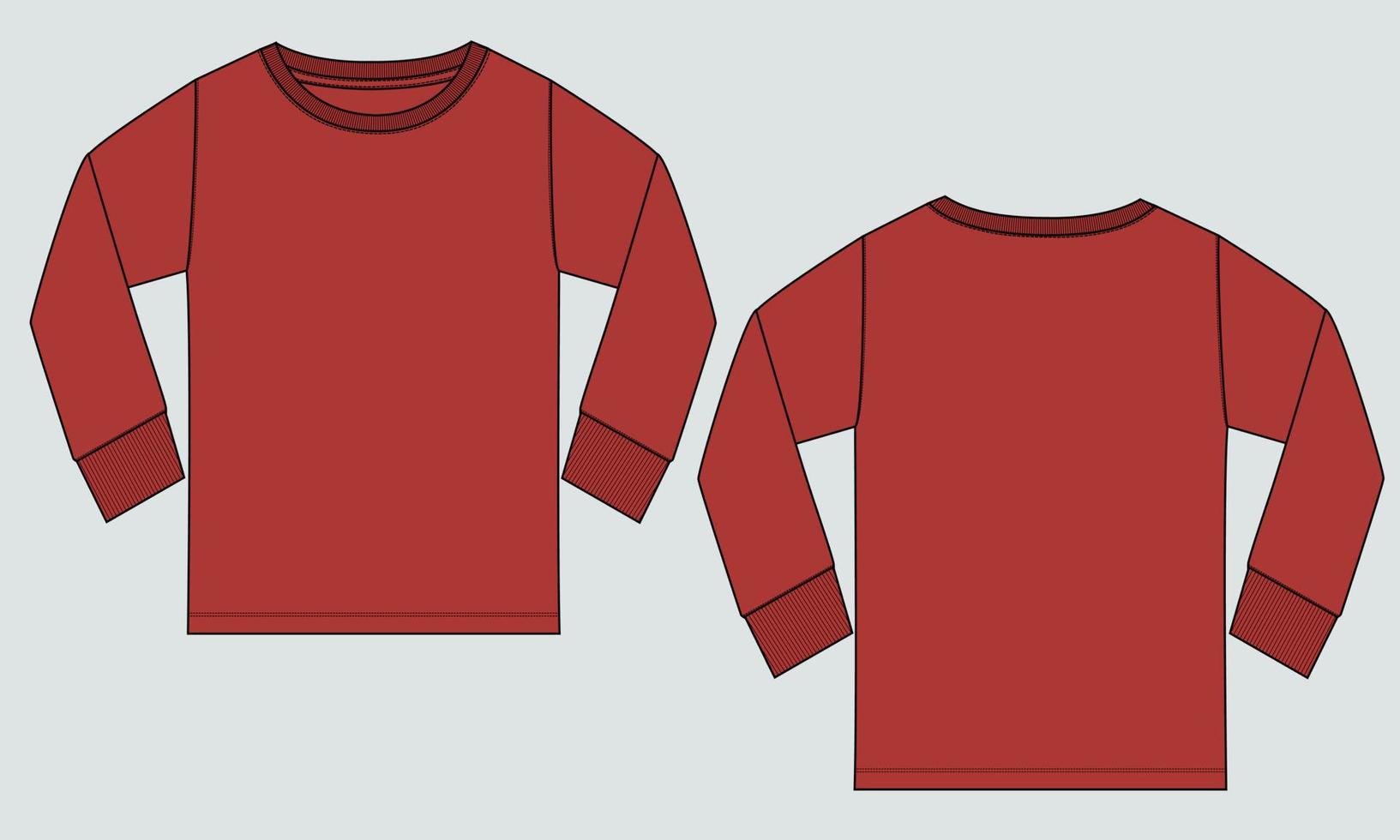 Long sleeve T shirt technical fashion flat sketch vector illustration template Front and back views.