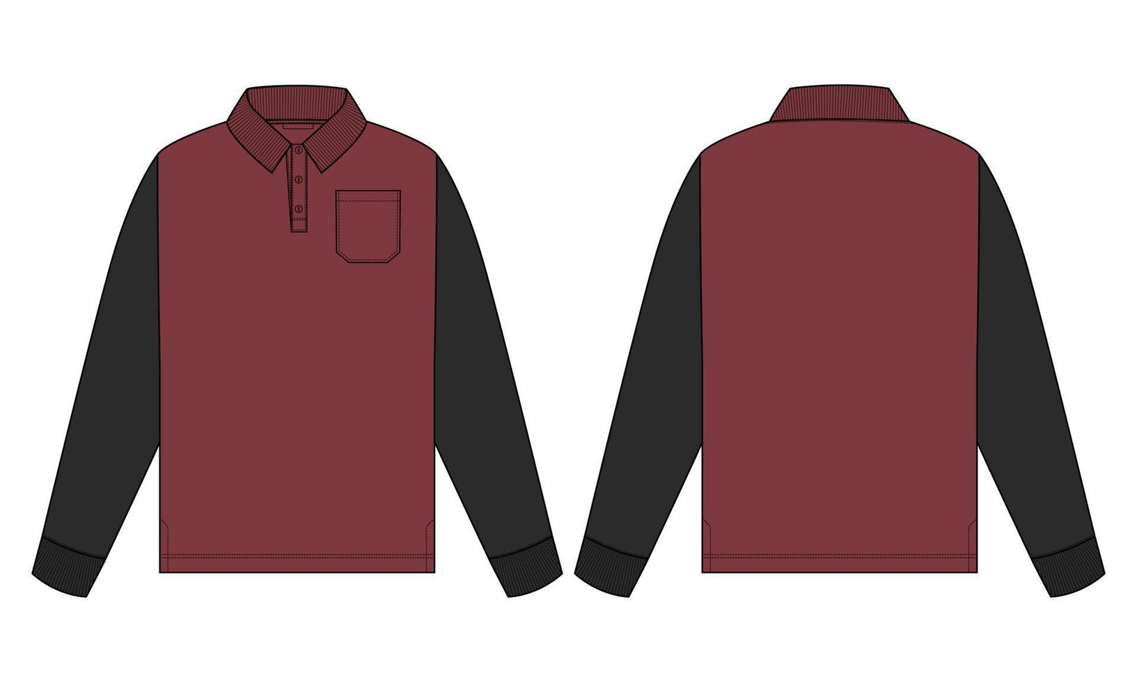 Vista frontal y posterior de la plantilla de ilustración vectorial de boceto plano de moda técnica de camisa de polo de manga larga. vector
