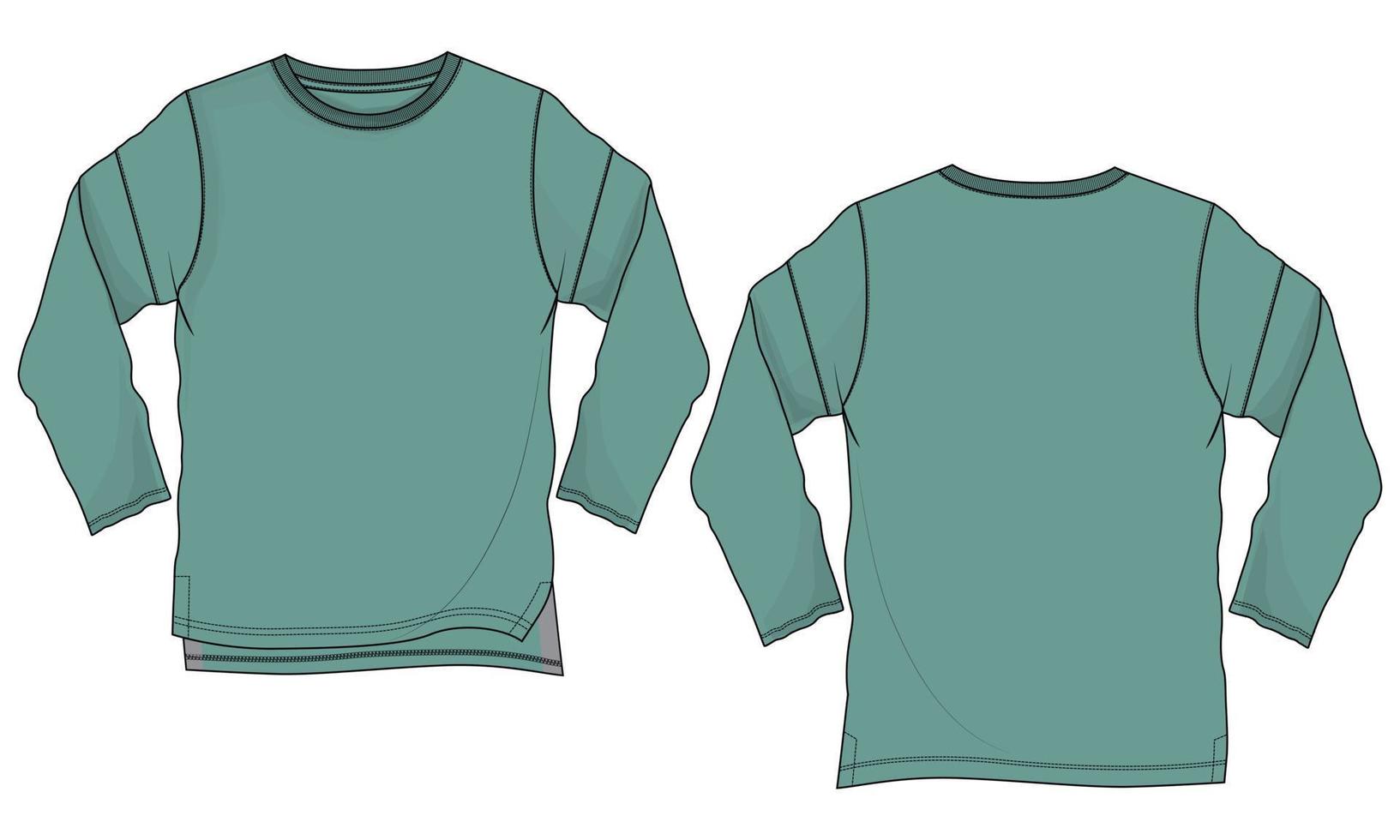Vista frontal y posterior de la plantilla vectorial de boceto plano de moda técnica de camiseta de manga larga. vector
