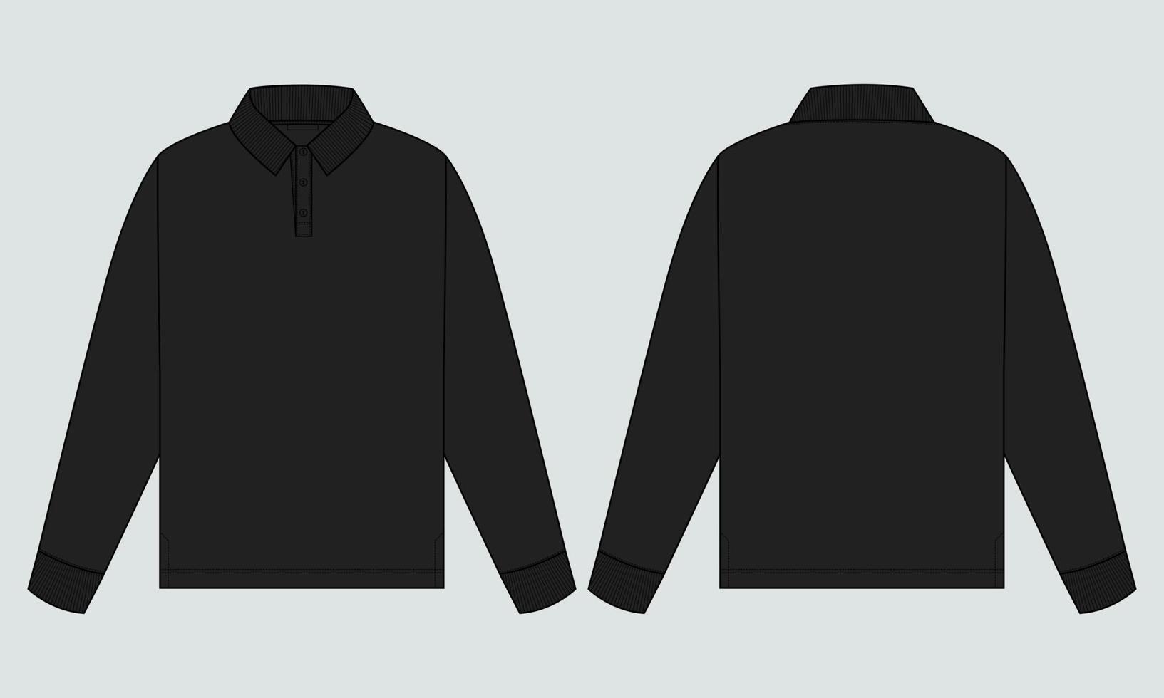 Vista frontal y posterior de la plantilla de ilustración vectorial de boceto plano de moda técnica de camisa de polo de manga larga. vector