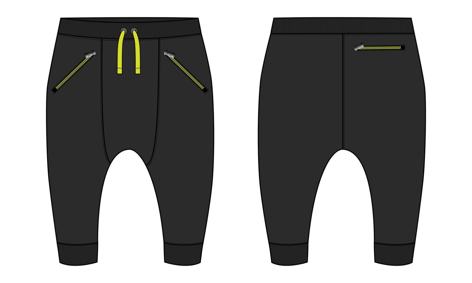 Fleece cotton jersey basic Sweat pant technical fashion flat sketch template front and back views. Apparel jogger pants vector illustration mock up for kids and boys.