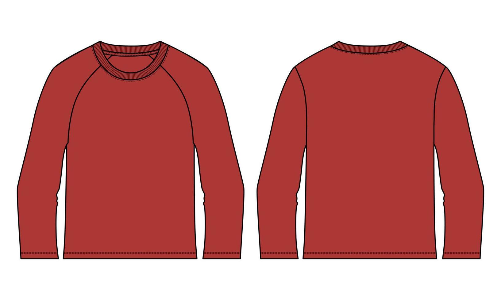 Long sleeve T-shirt Technical fashion flat Sketch vector template front and back view .