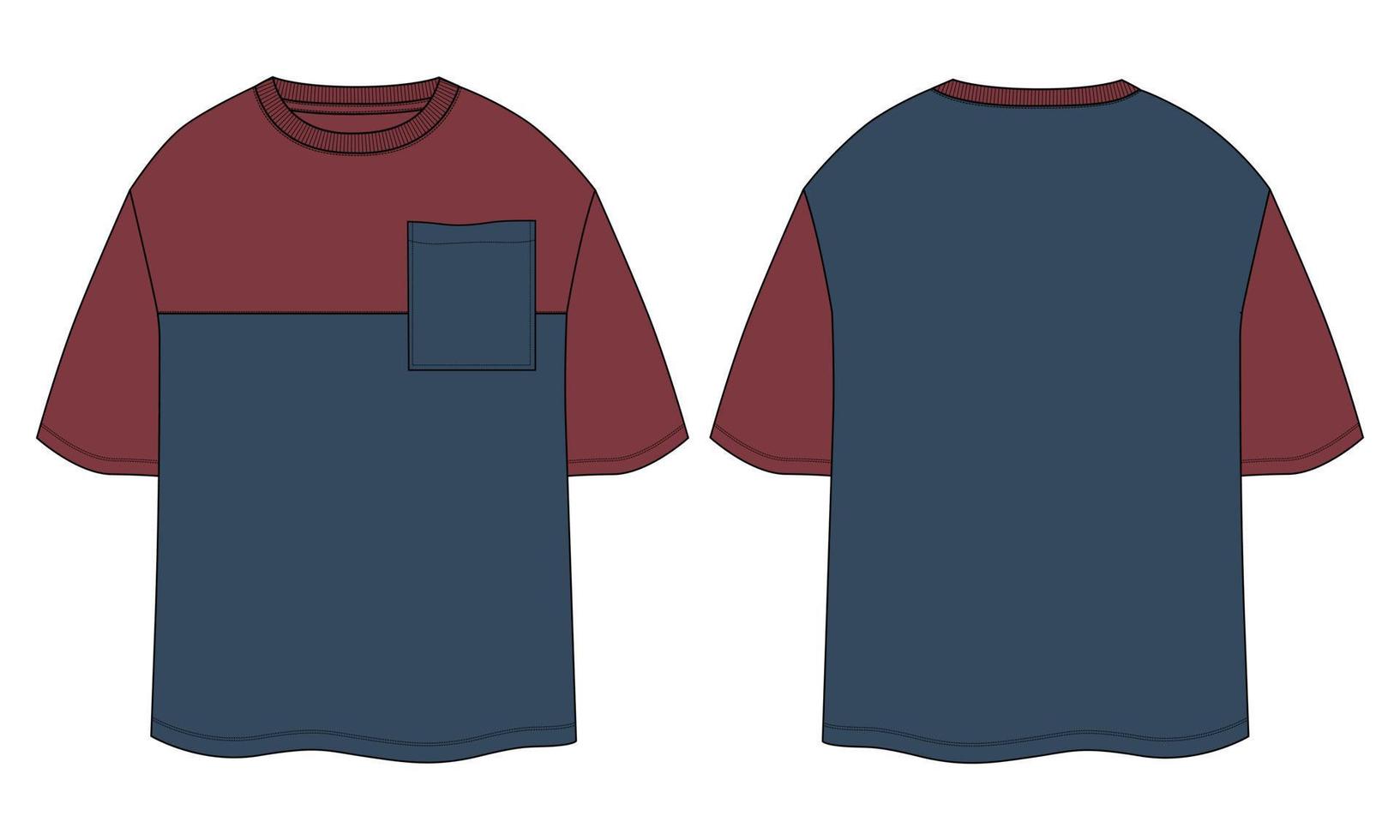 vista frontal y posterior de la plantilla de ilustración vectorial de dibujo plano de moda técnica de camiseta de gran tamaño. vector