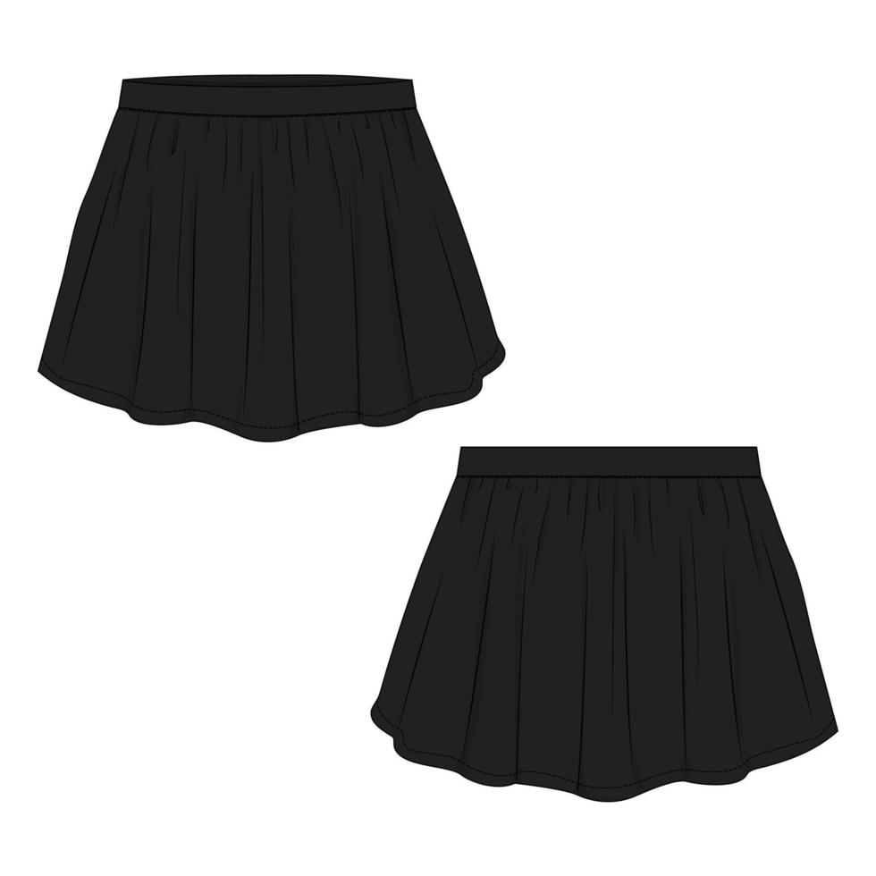 Female pleated skirt technical fashion Flat sketch vector template Front and back view