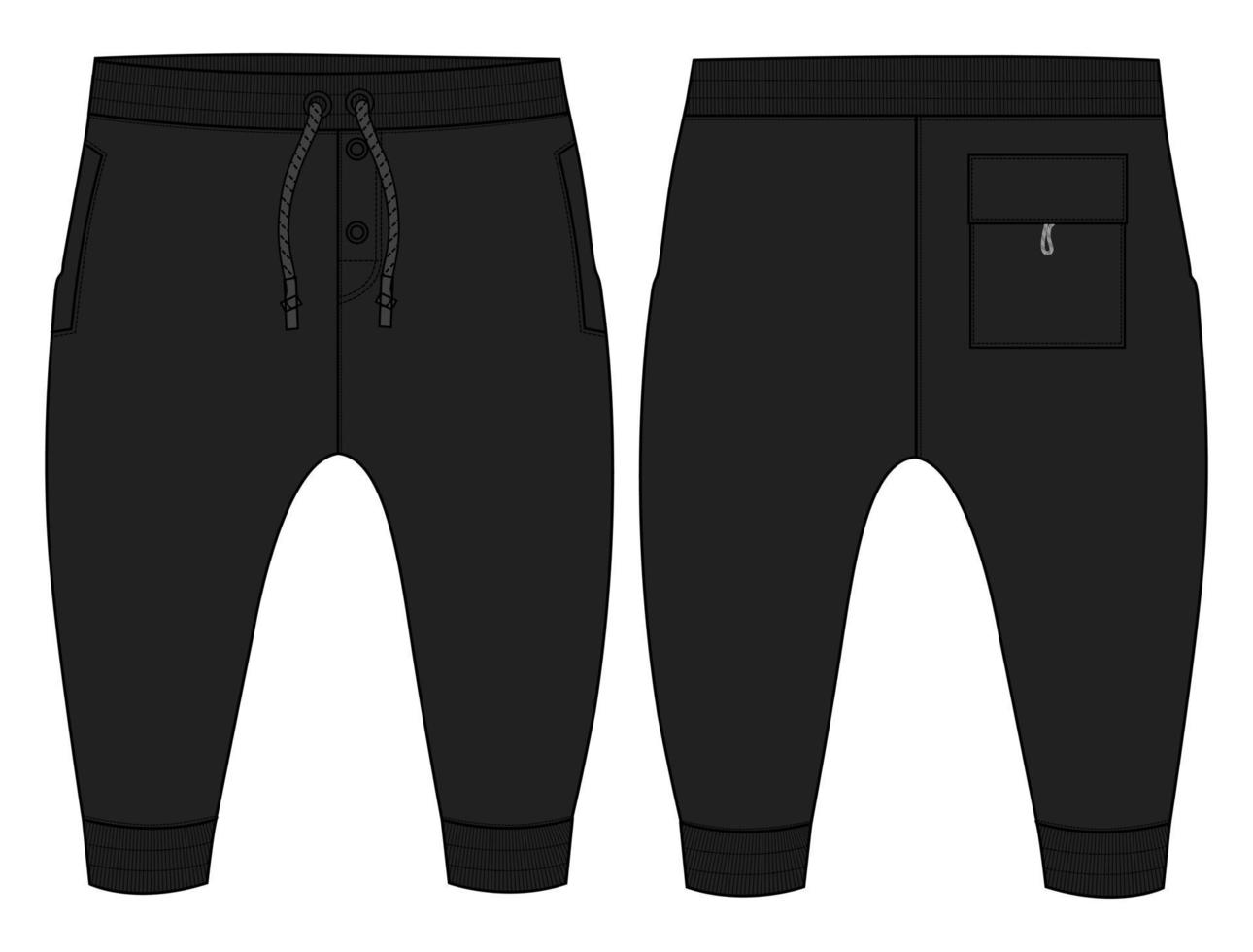 Fleece cotton jersey basic Sweat pant technical fashion flat sketch template front and back views. Apparel jogger pants vector illustration mock up for kids and boys.