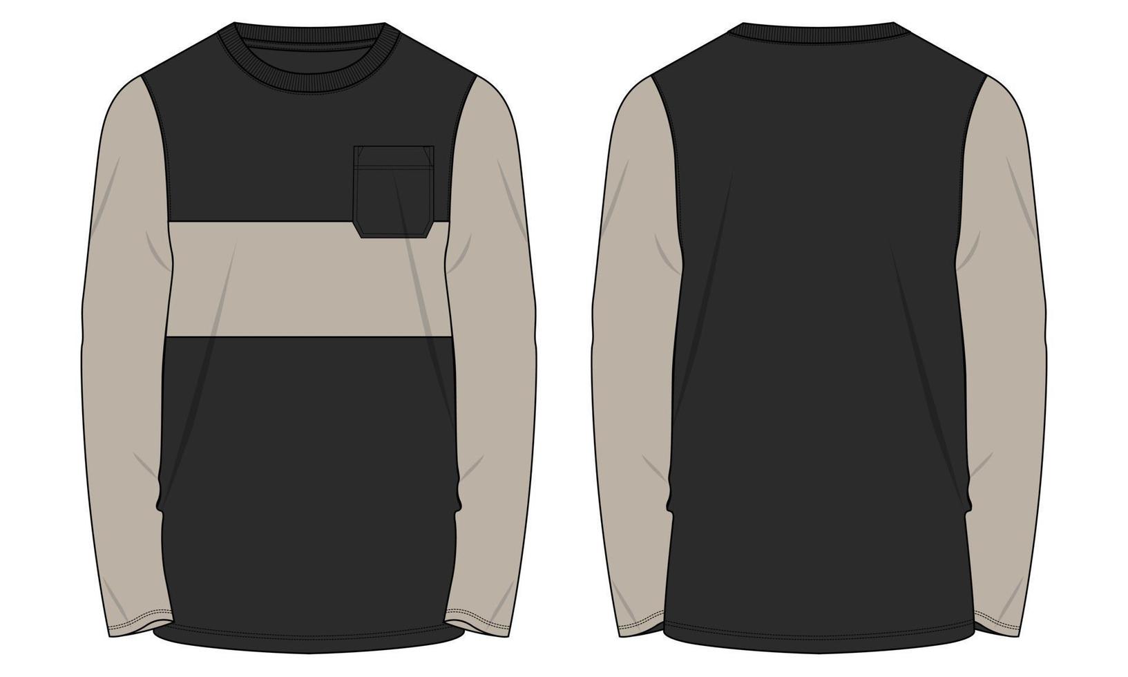 Vista frontal y posterior de la plantilla vectorial de boceto plano de moda técnica de camiseta de manga larga. vector