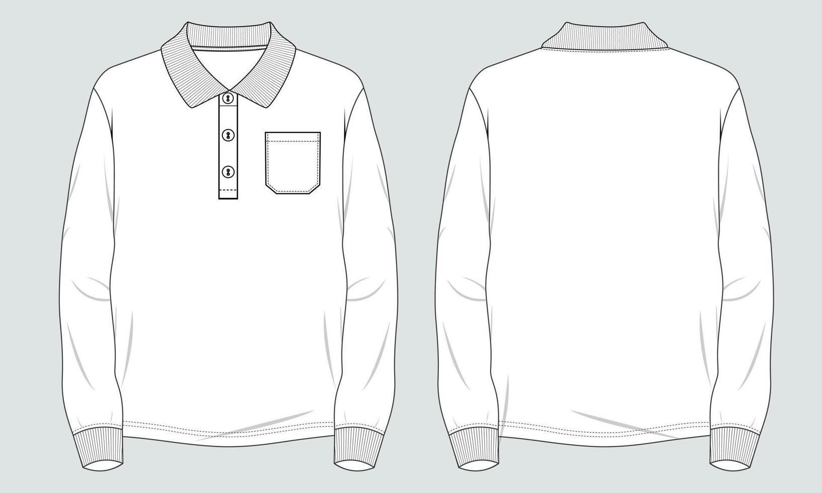 Long sleeve polo shirt technical fashion flat sketch vector illustration template Front and back views.