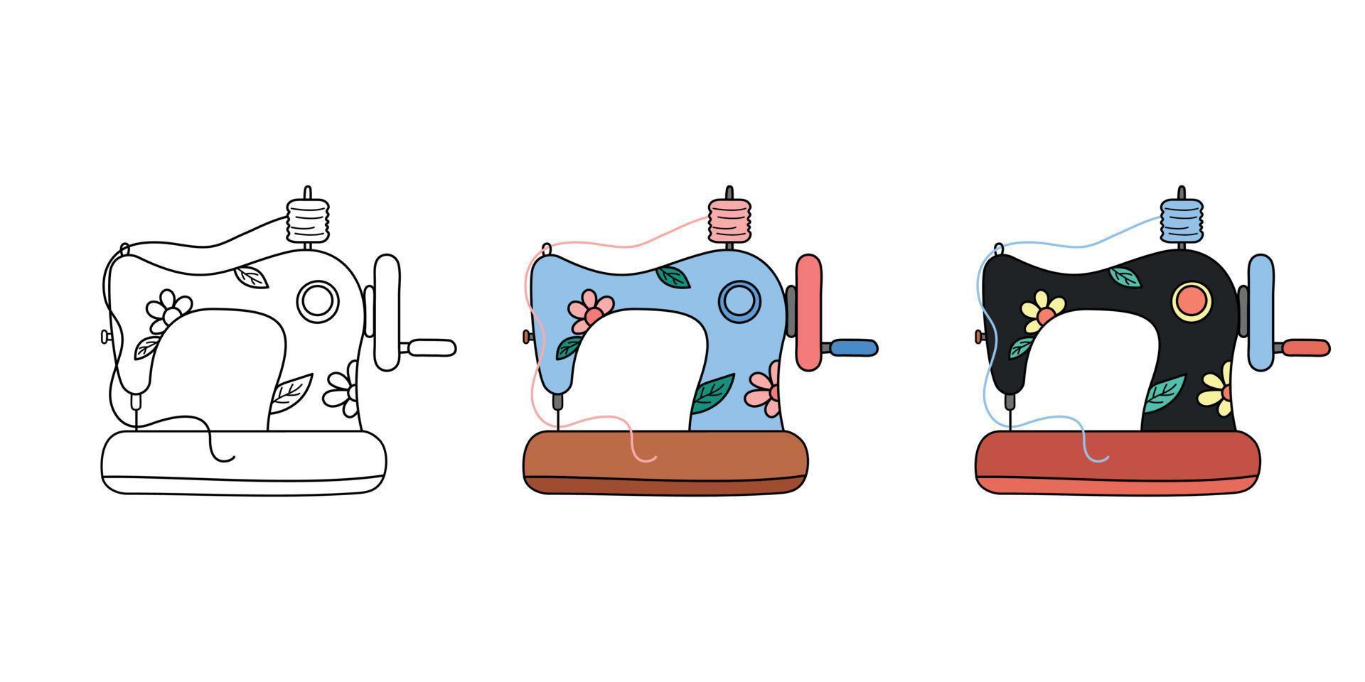 Sewing machines doodles set. Vector illustration of cute handdrawn vintage  tailoring machines. Outline, blue and black. Retro sewing elements