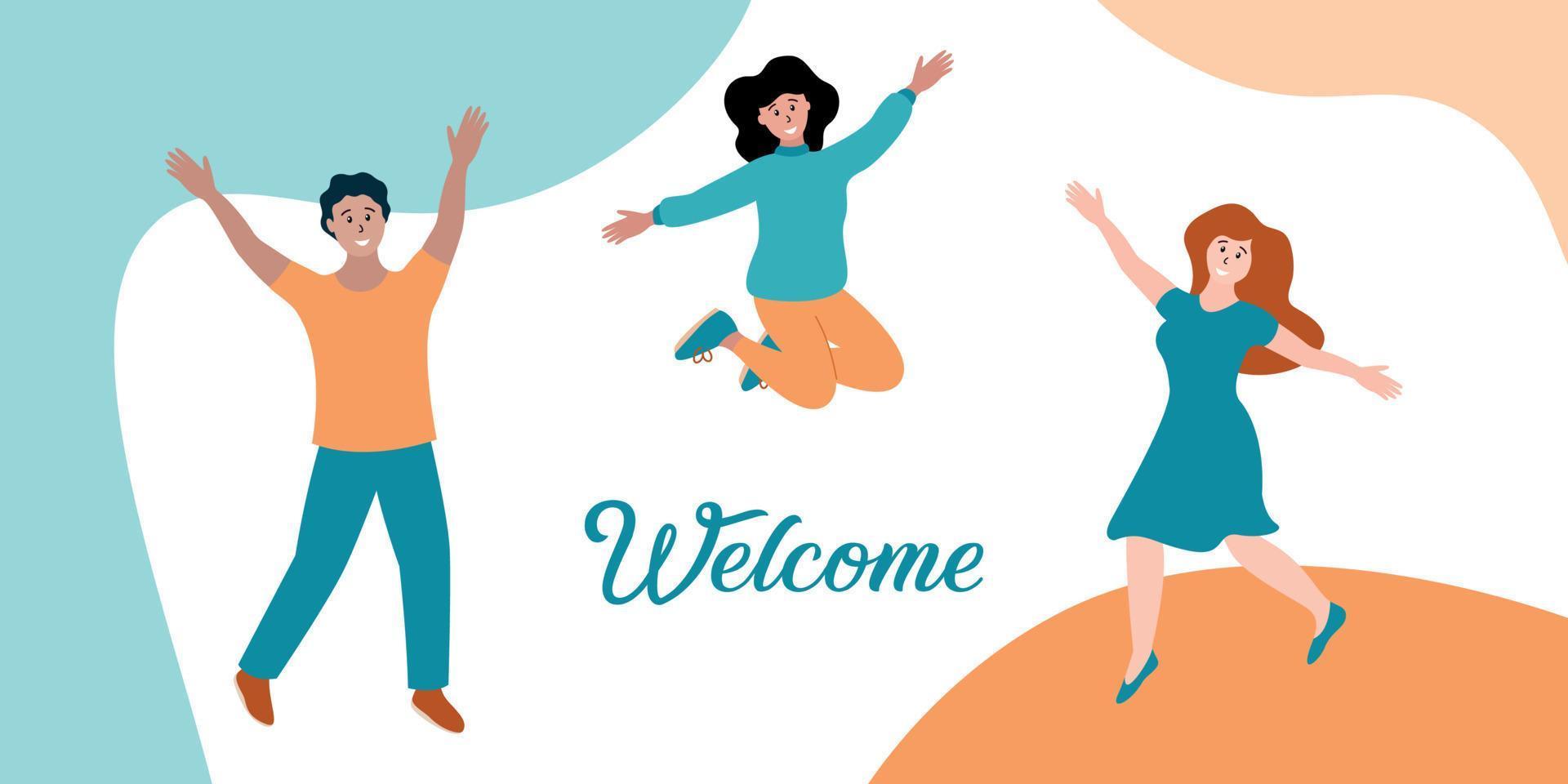 Welcome banner. Happy young people jumping and smiling. Friends together. Horizontal banner for website with text Welcome. Vector illustration