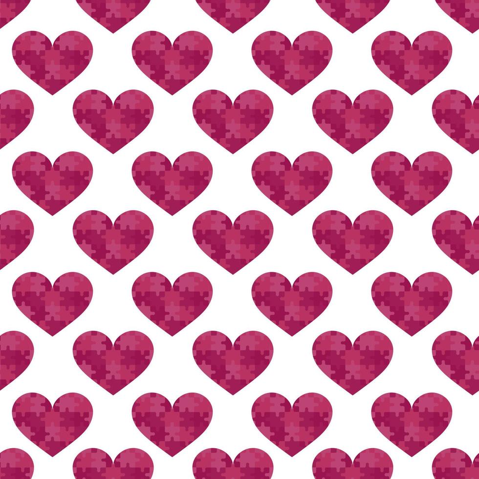 Cute puzzle hearts seamless background. Romantic pattern for Saint Valentines day, wedding, date. Love symbols. Dark pink and white colors. Vector tile illustration