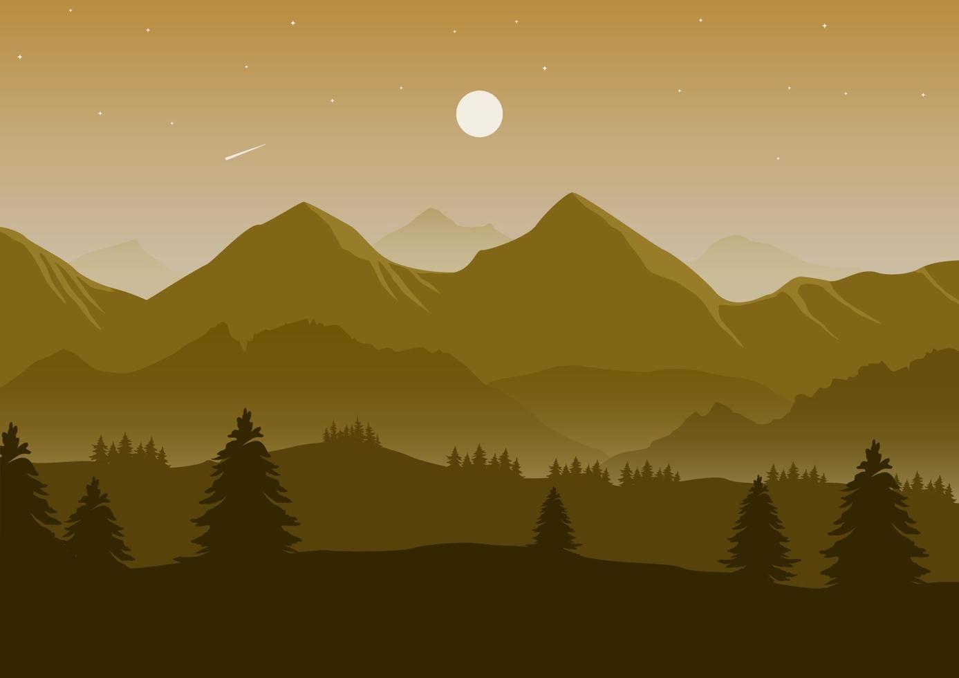 Realistic mountains landscape vector illustration. Pine trees and mountain silhouettes background.