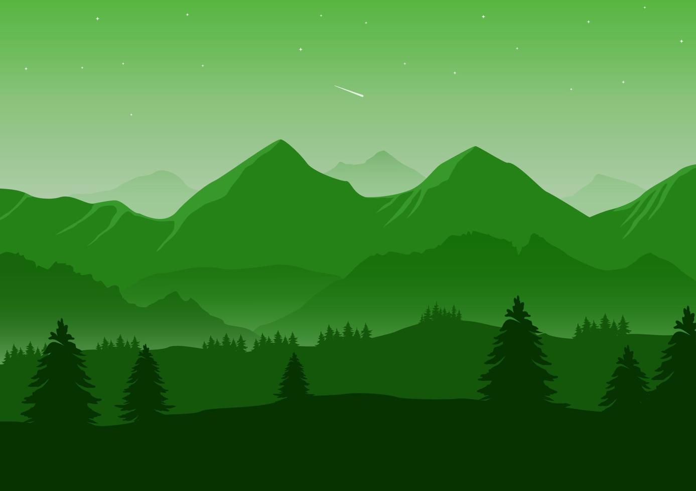 Realistic mountains landscape vector illustration. Pine trees and mountains' green silhouettes for the background.