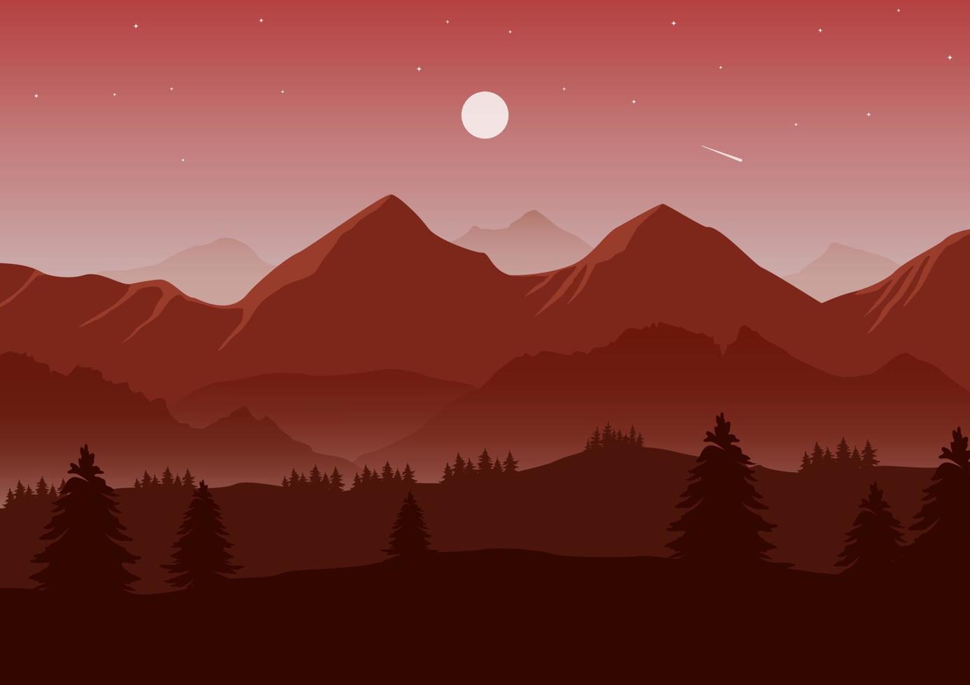 ilustración de vector de paisaje de montañas realistas. bosque de pinos y fondo de siluetas rojas de montaña.