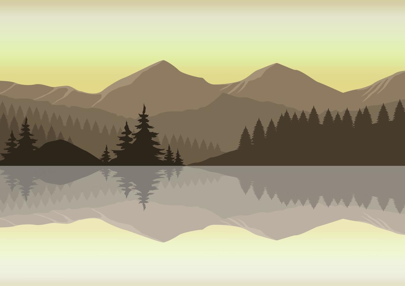 un hermoso vector de amanecer en las montañas. vista de silueta marrón reflejada en el lago.