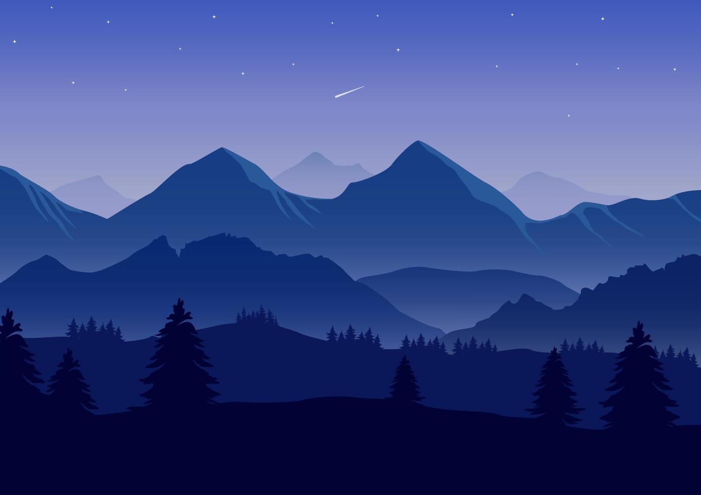 Realistic mountains landscape vector illustration. Pine trees and mountains' blue silhouettes.