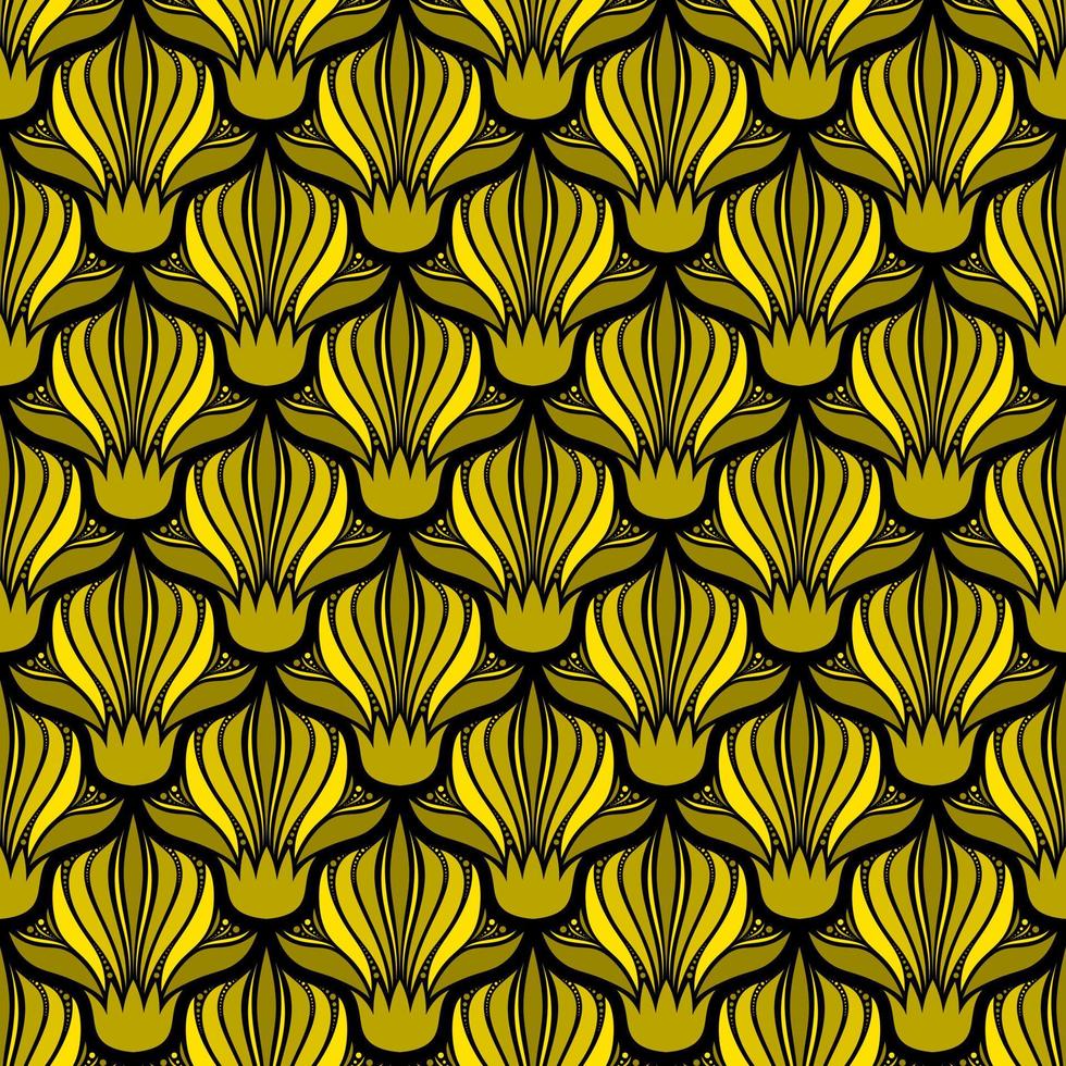 BLACK SEAMLESS VECTOR ART NOUVEAU BACKGROUND WITH YELLOW FLOWERS