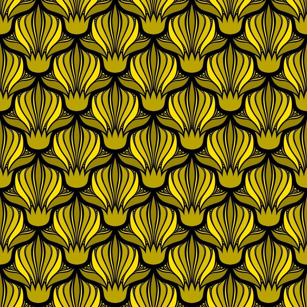 BLACK SEAMLESS VECTOR ART NOUVEAU BACKGROUND WITH YELLOW FLOWERS