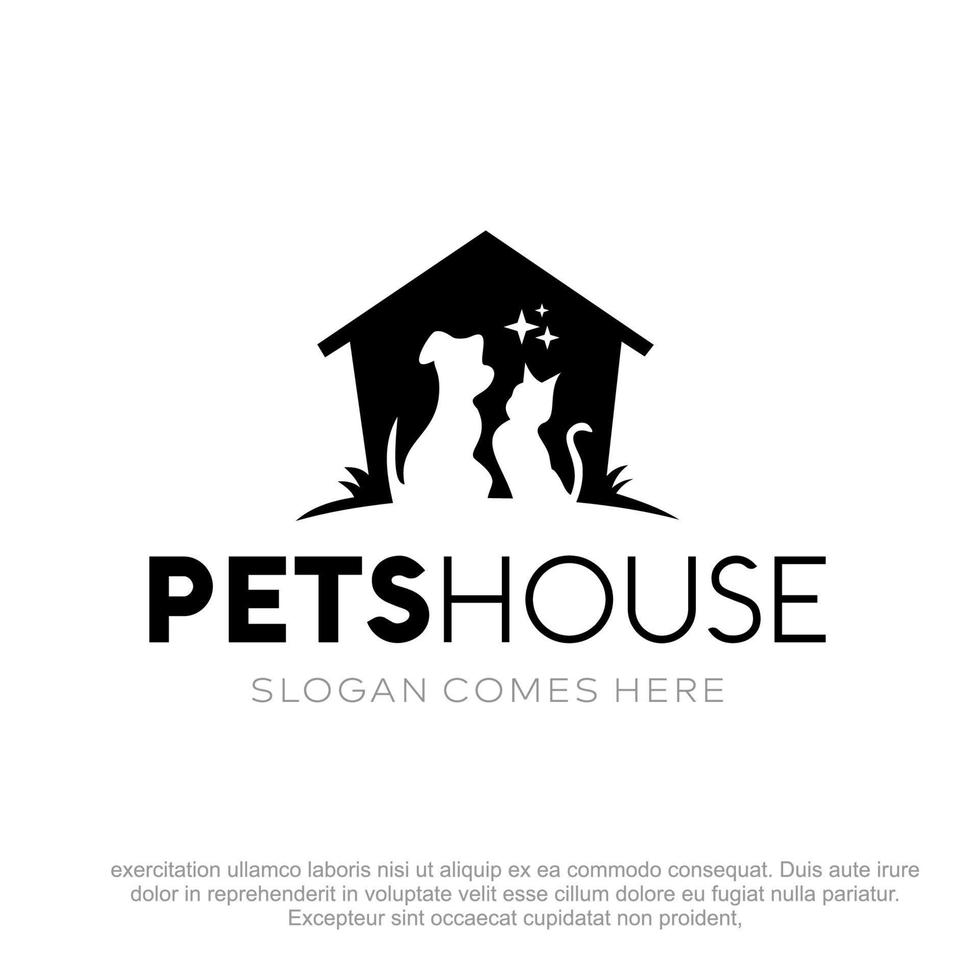 Modern Pets House vector Logo. Cat and Dog house vector logo. Cat and dog Silhouette vector. Animals shop logo design template.