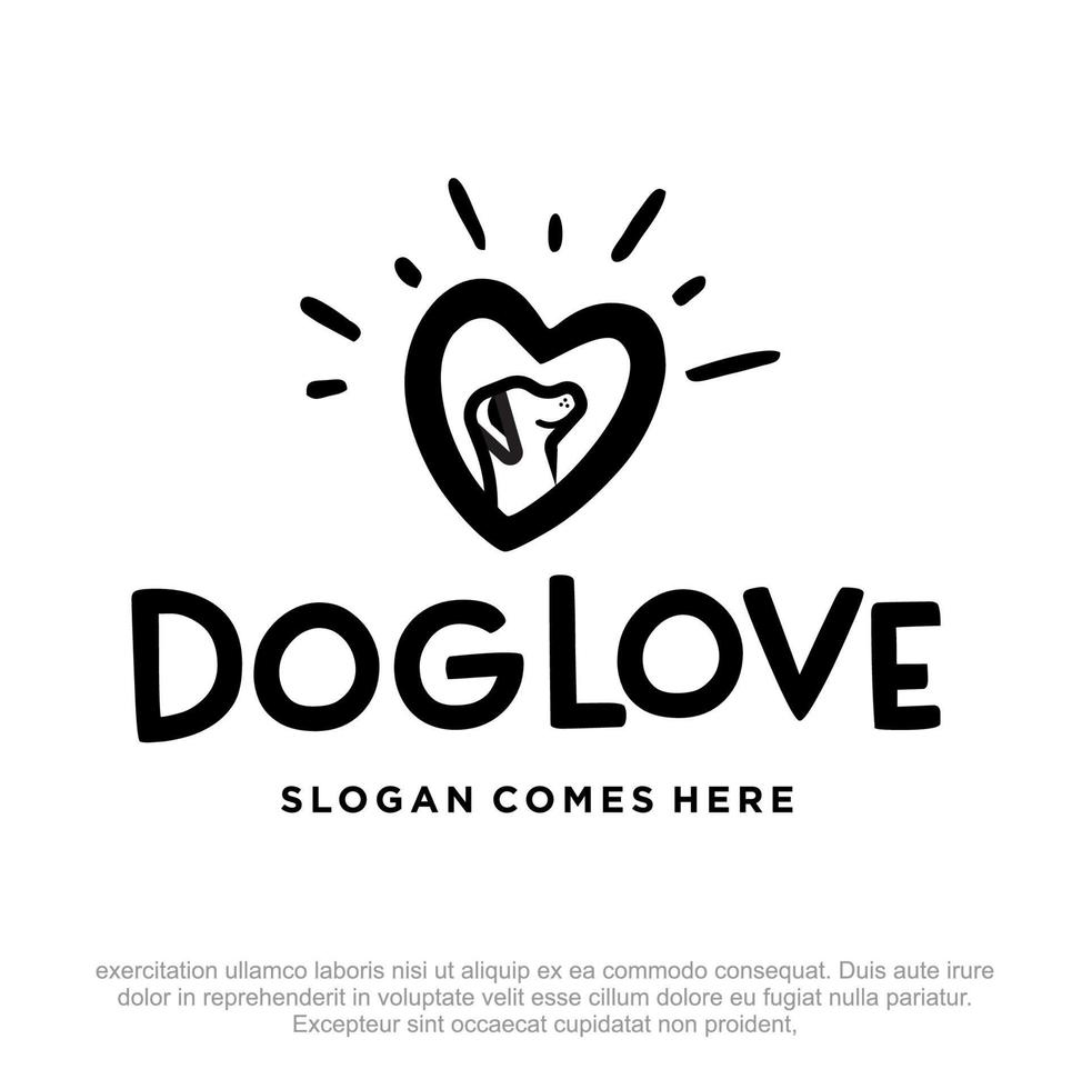 icono del logotipo de amor de perro o símbolo vectorial del logotipo de perro de amor con corazón y perro sonriente. plantilla de diseño del logotipo de la tienda de perros. plantilla de diseño de logotipo de tienda de mascotas. vector