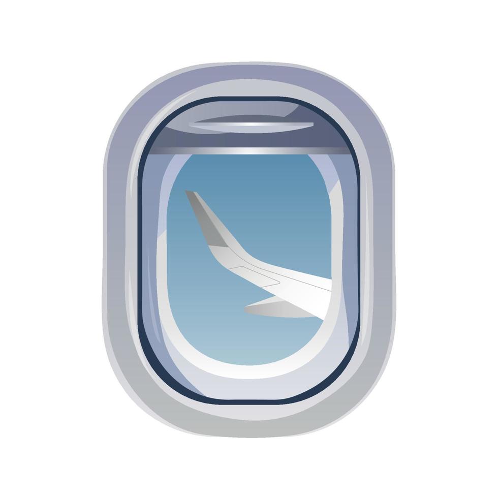 Airplane window or porthole overlooking the aircraft wing. Air travel, tourism, adventure, journey, Airplane concept. Isolated vector illustration for banner, poster, cover, advertising.