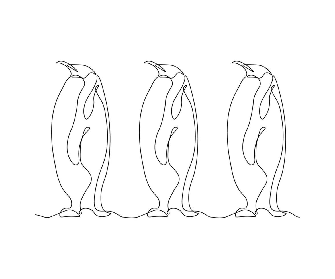 tres pingüinos abstractos se paran en fila, dibujados a mano, línea mono continua, arte de una línea vector