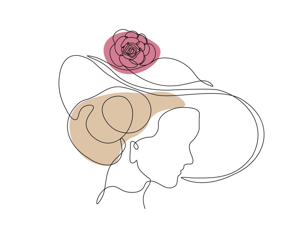 portrait of a woman in a hat drawn by a continuous mono line, one line art, contour vector