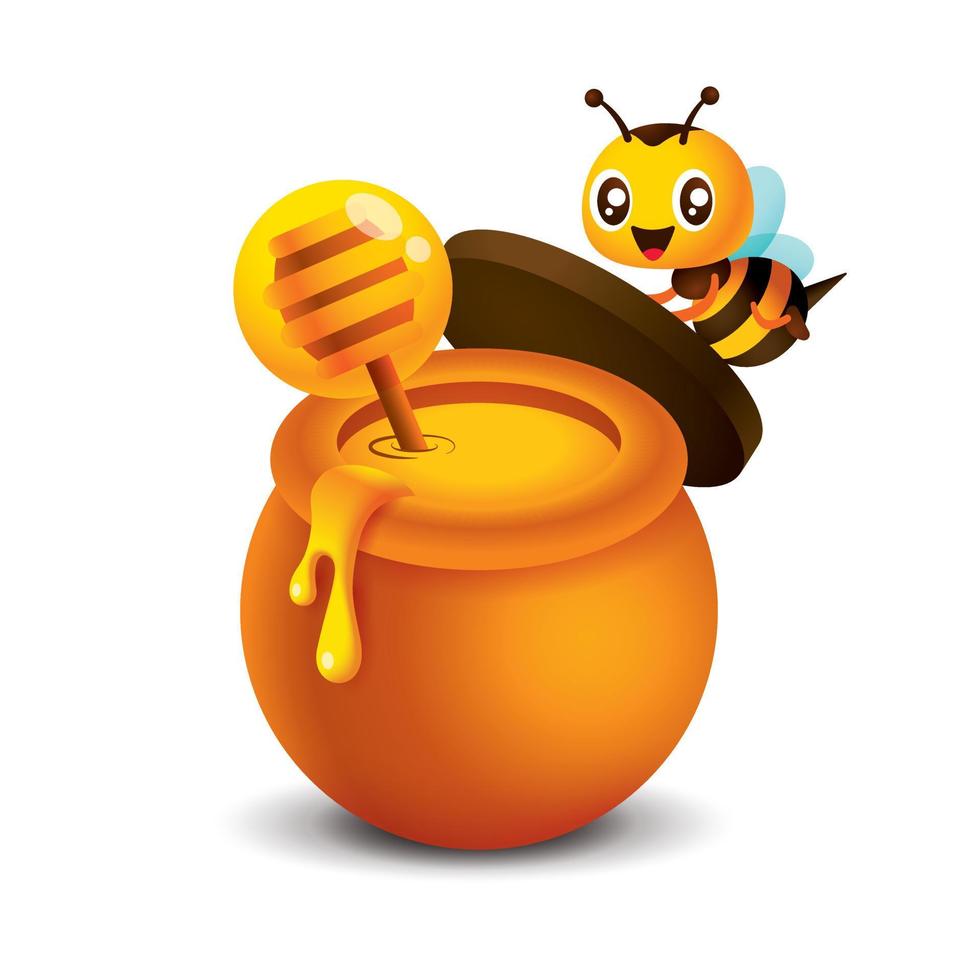 Cartoon cute bee open the cover cap of honey pot. Honey dipper sink into natural honey pot. Vector character illustration