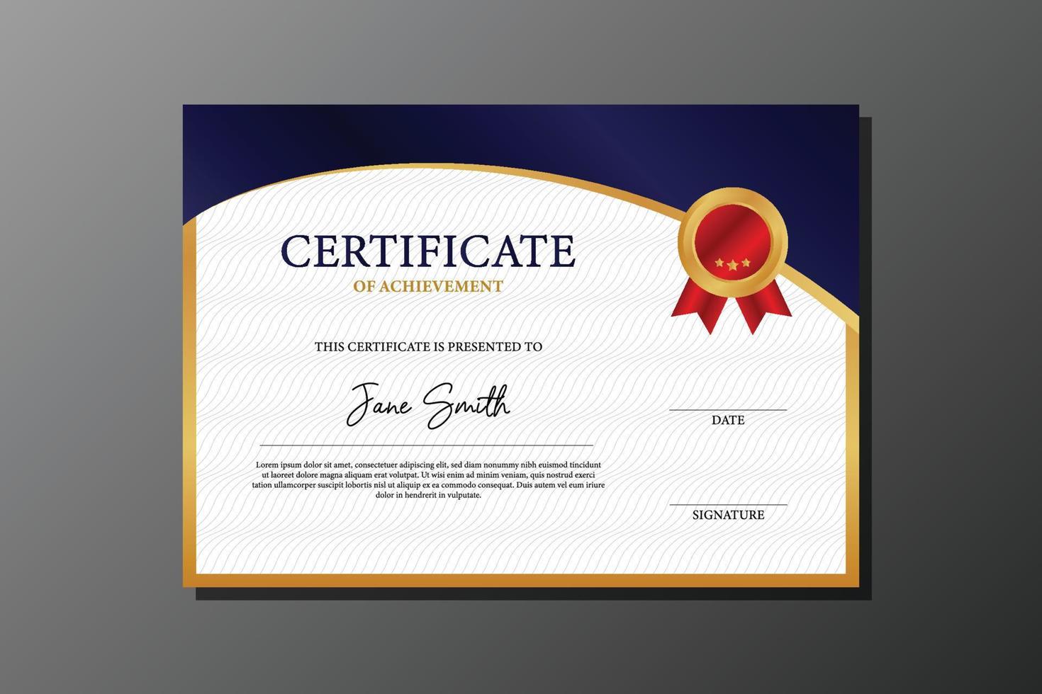 elegant gold and blue certificate of achievement template with red badge vector