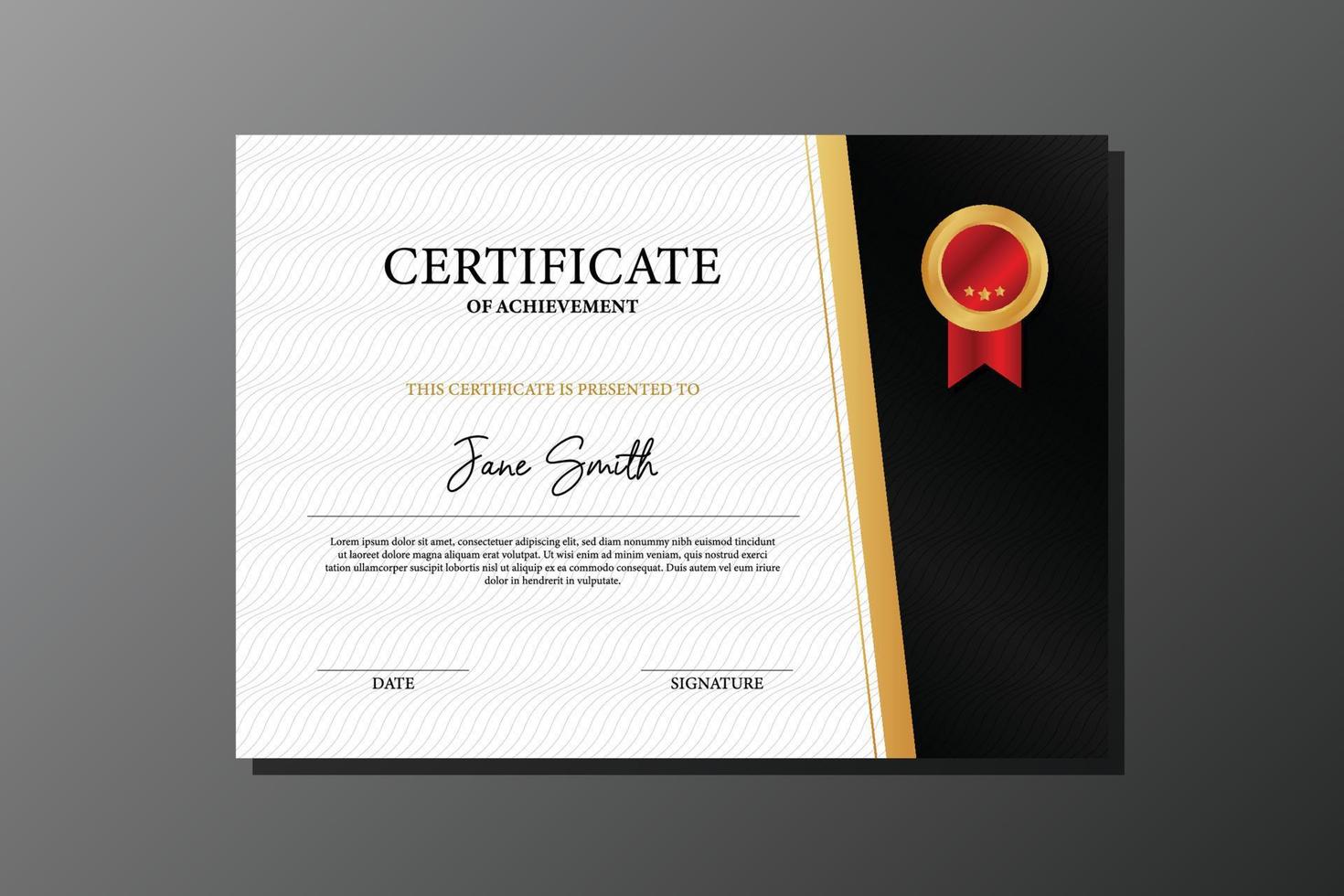 elegant black and gold certificate of achievement template with red badge vector