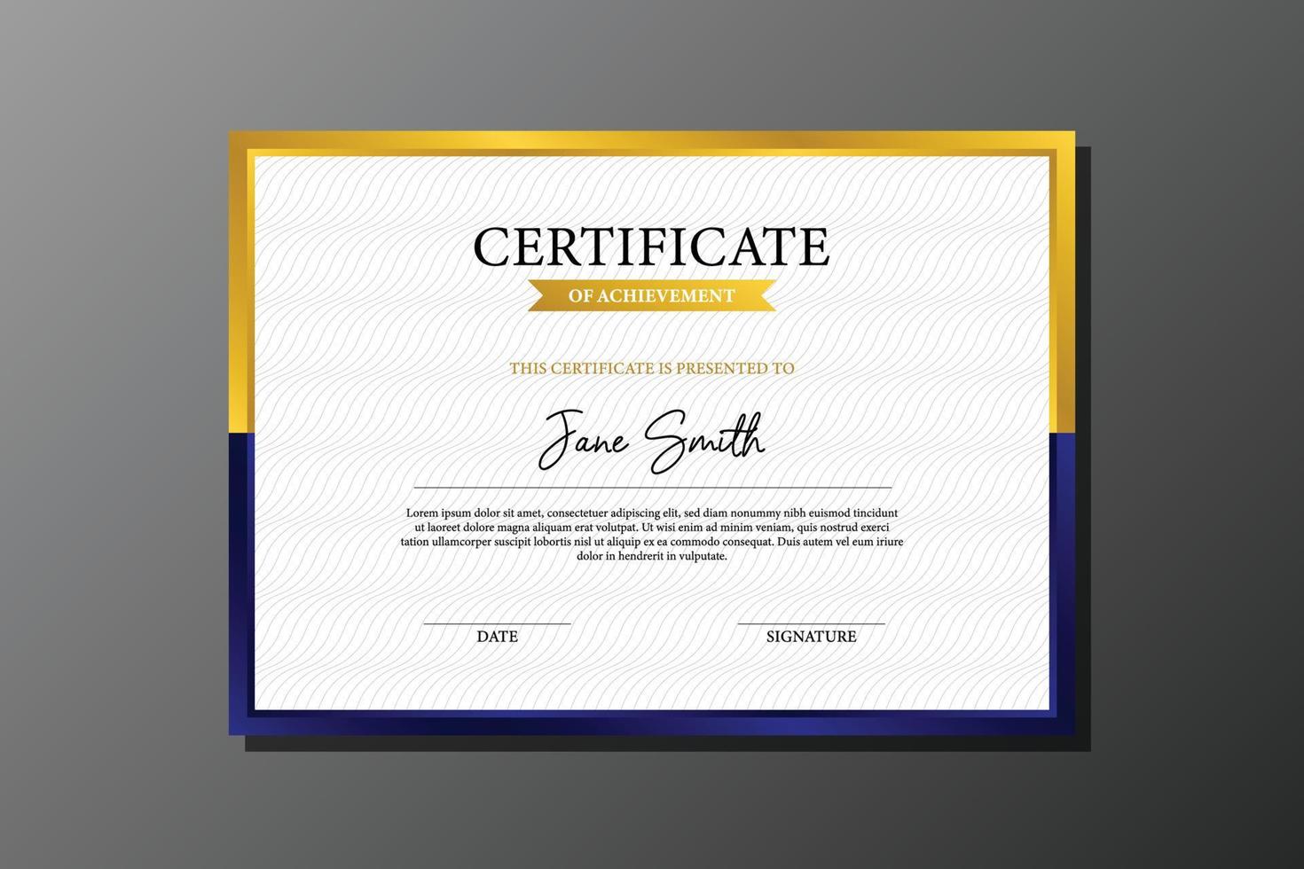 modern minimalist blue and yellow certificate of achievement template vector