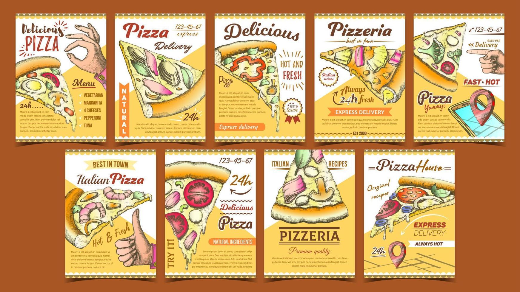 pizzería colección diferentes carteles conjunto vector