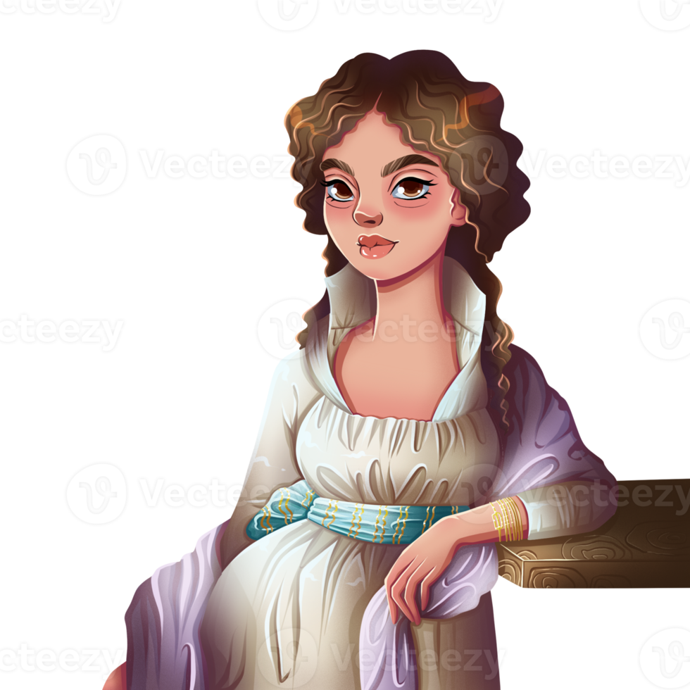 Hand drawn portrait of a woman in a princess dress with curly hair png