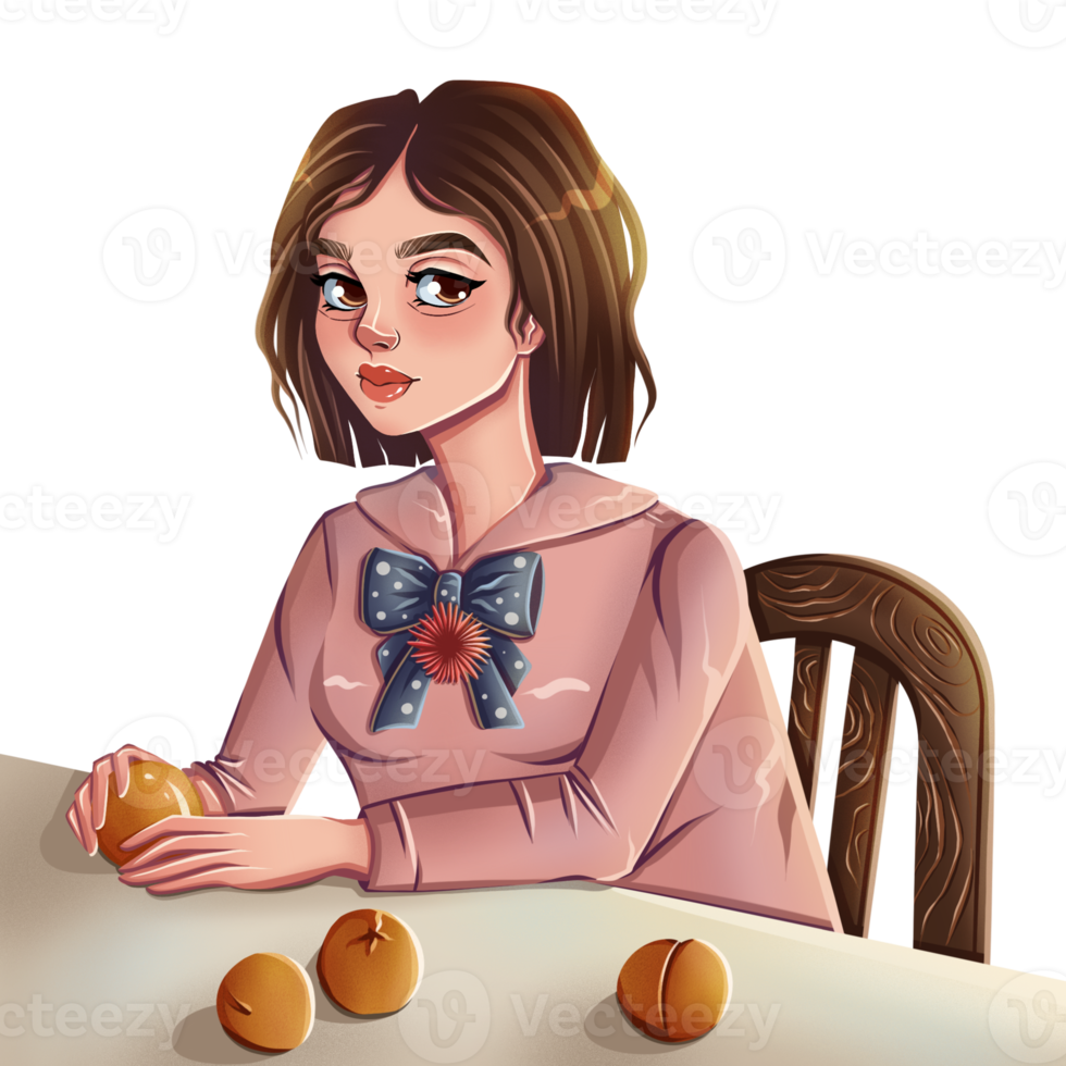 handgezeichnetes Porträt eines Mädchens mit Pfirsichen an einem Tisch auf transparentem Hintergrund png
