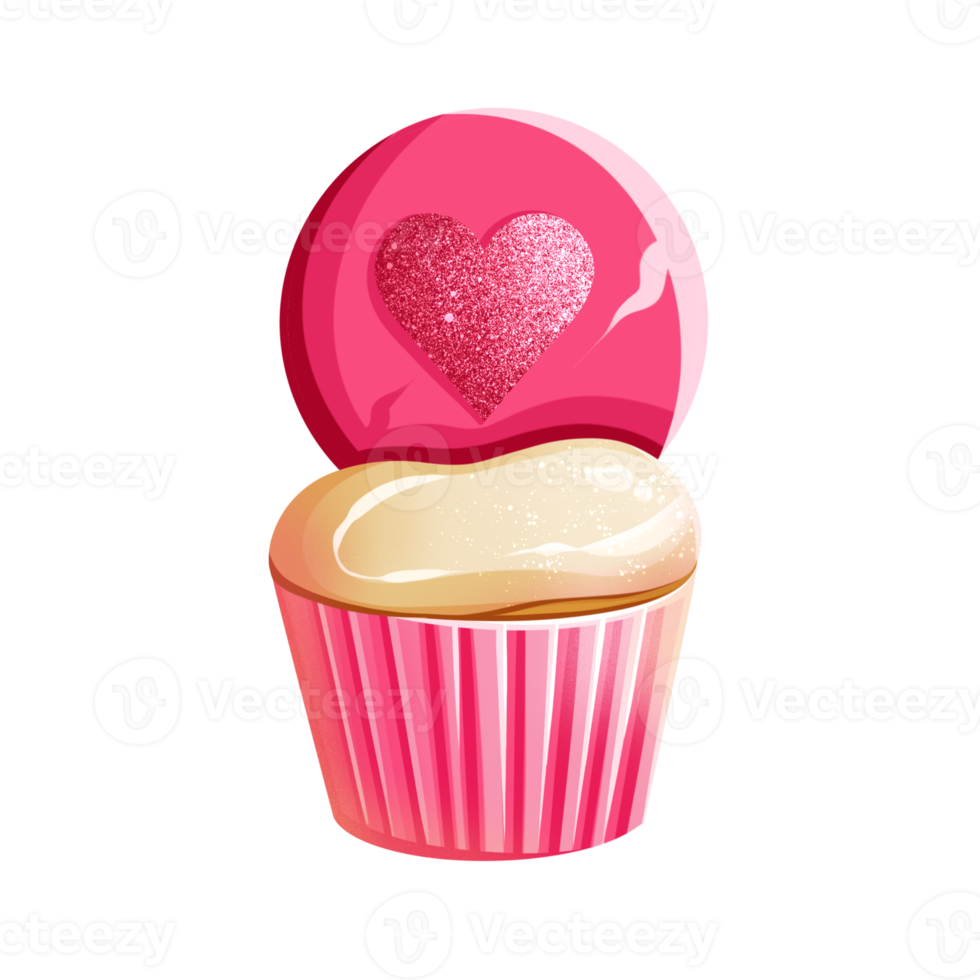 Valentines day sticker with a pink cupcake and a pink heart with glitter png