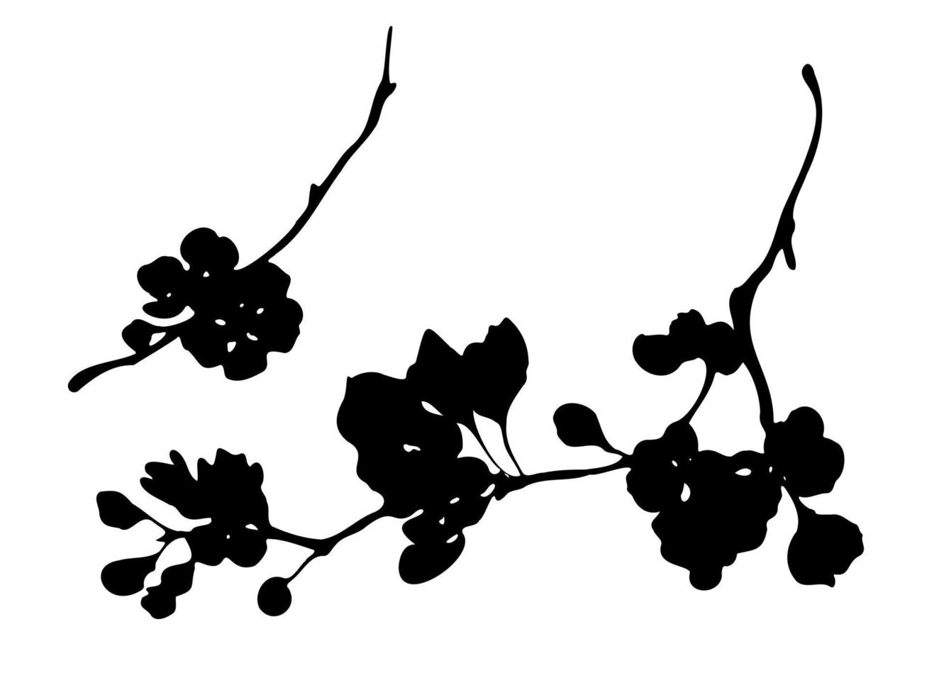 Cherry blossom branch black silhouette on white background. Hand drawn spring blooming tree branches with flowers vector monochrome design element.