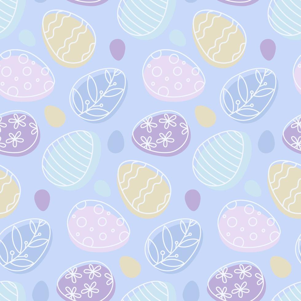 Easter eggs seamless pattern in pastel soft shades. Colored ornate cartoon doodle eggs on purple background vector illustration.