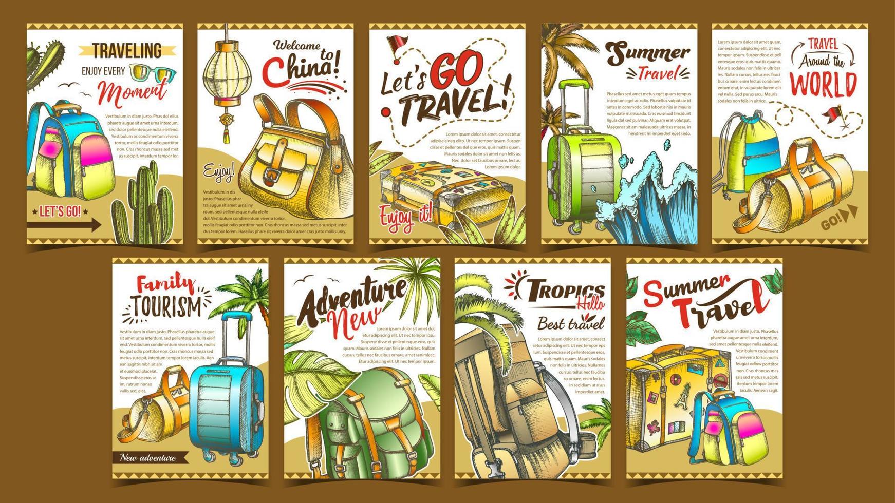 Tropic Summer Travel Collection Posters Set Vector