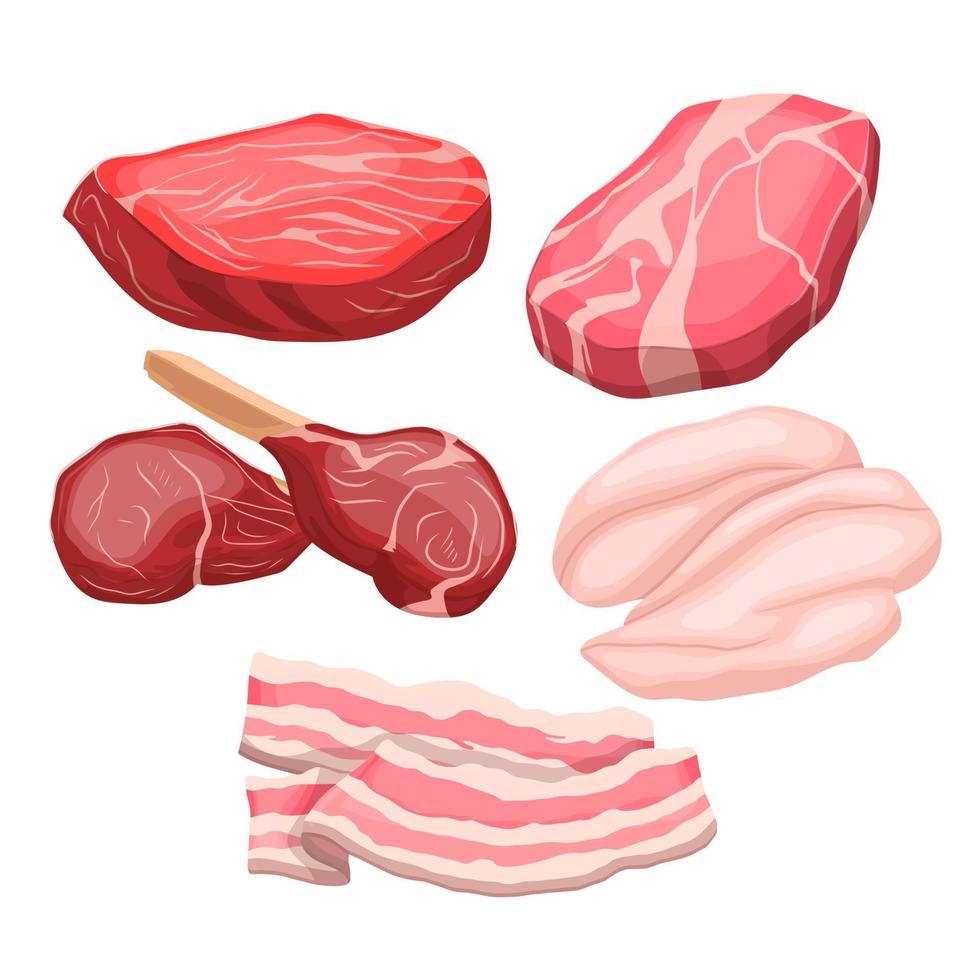 carne de res alimentos crudos conjunto dibujos animados vector ilustración