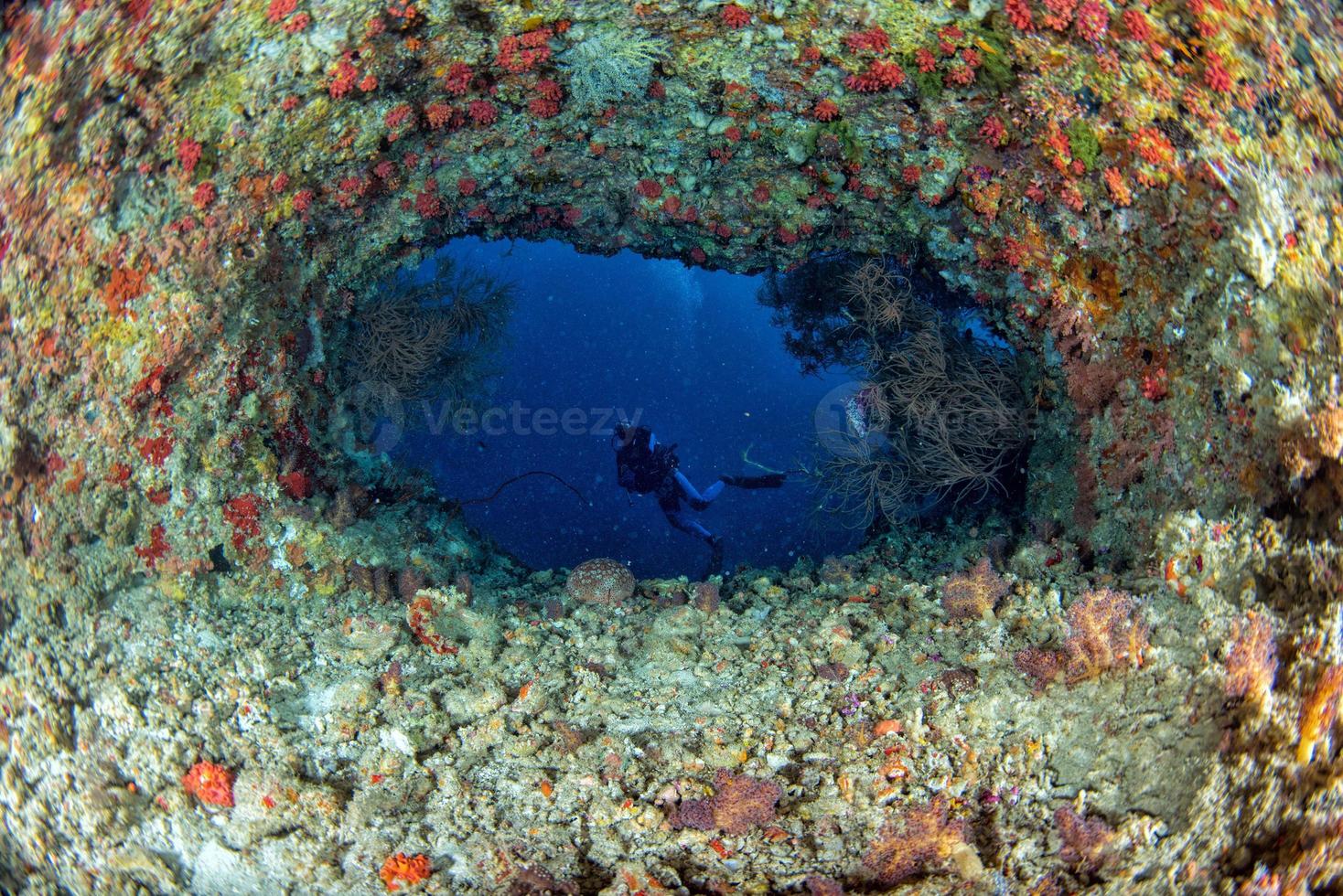 scuba diver diving Ship Wreck in maldives indian ocean photo