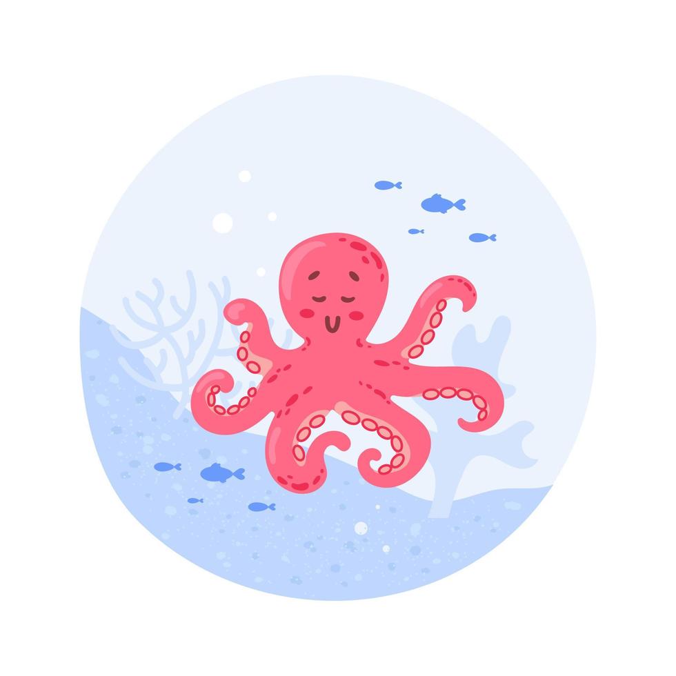 A cute cartoon pink octopus character swims in the sea near a coral reef smiling smiling. Fish and algae, sea and ocean inhabitants. For stickers, posters, postcards, design elements. vector
