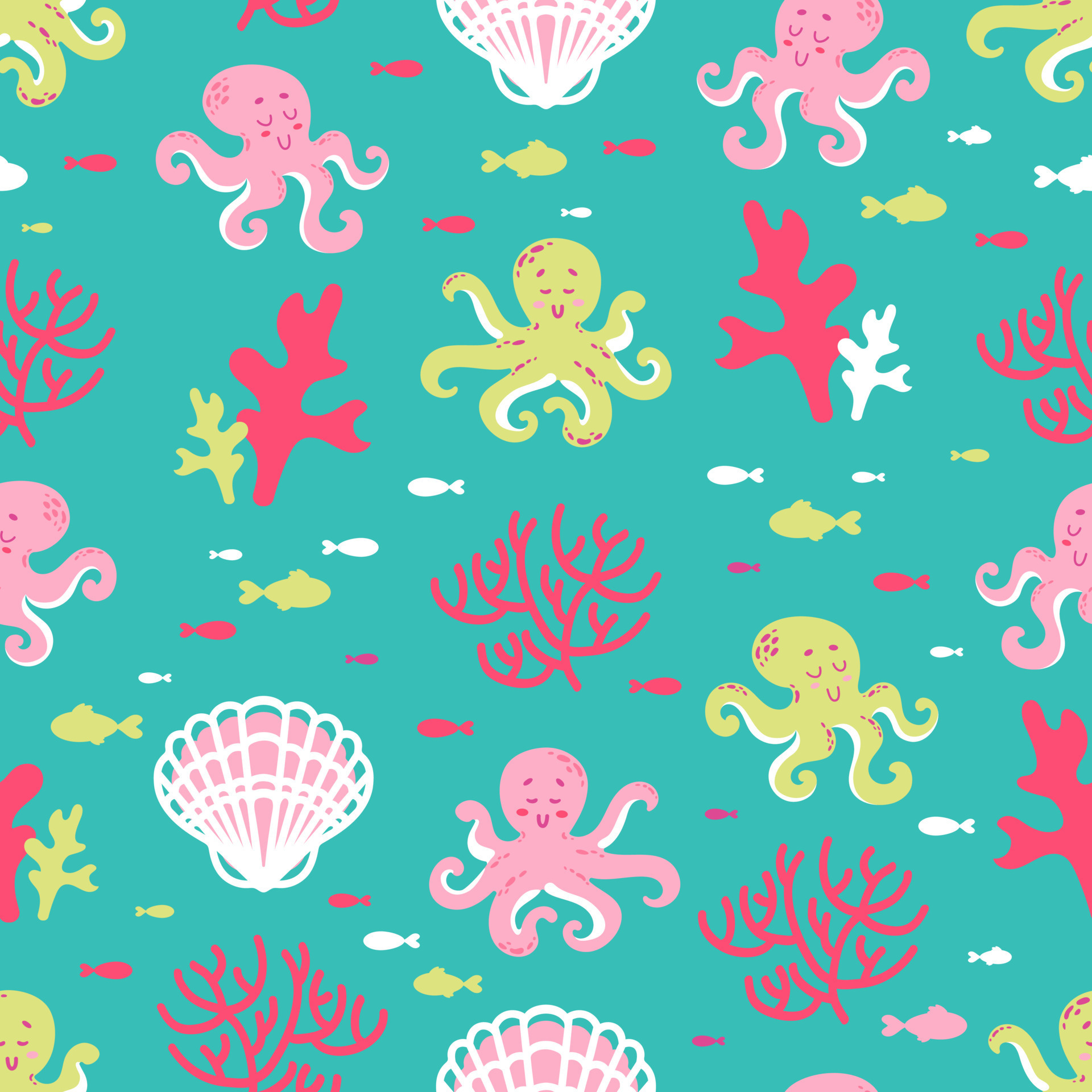 Summer cute marine seamless pattern coral reef with cute octopuses