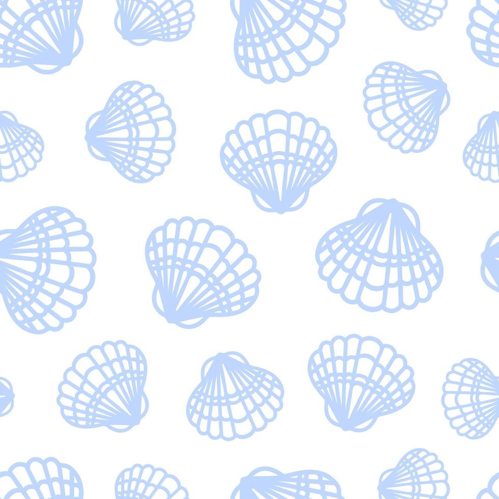 Summer marine minimalistic seamless pattern with seashells. Scallop, Pectinidae, bivalve mollusc. ocean dwellers. White and blue colors. line art style. For wallpaper, printing on fabric, wrapping. vector