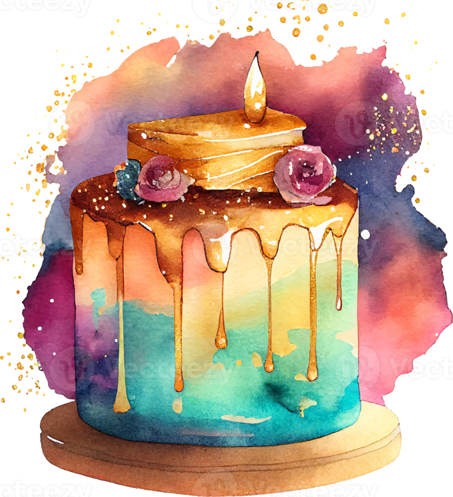 lindo bolo de aniversário em aquarela com velas png