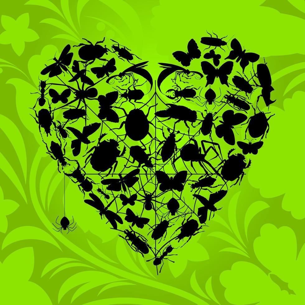 Heart from insects on a green background. A vector illustration