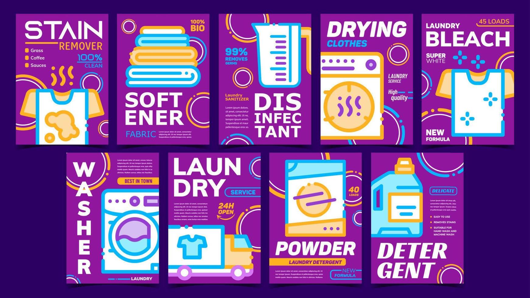 Laundry Service Advertising Posters Set Vector