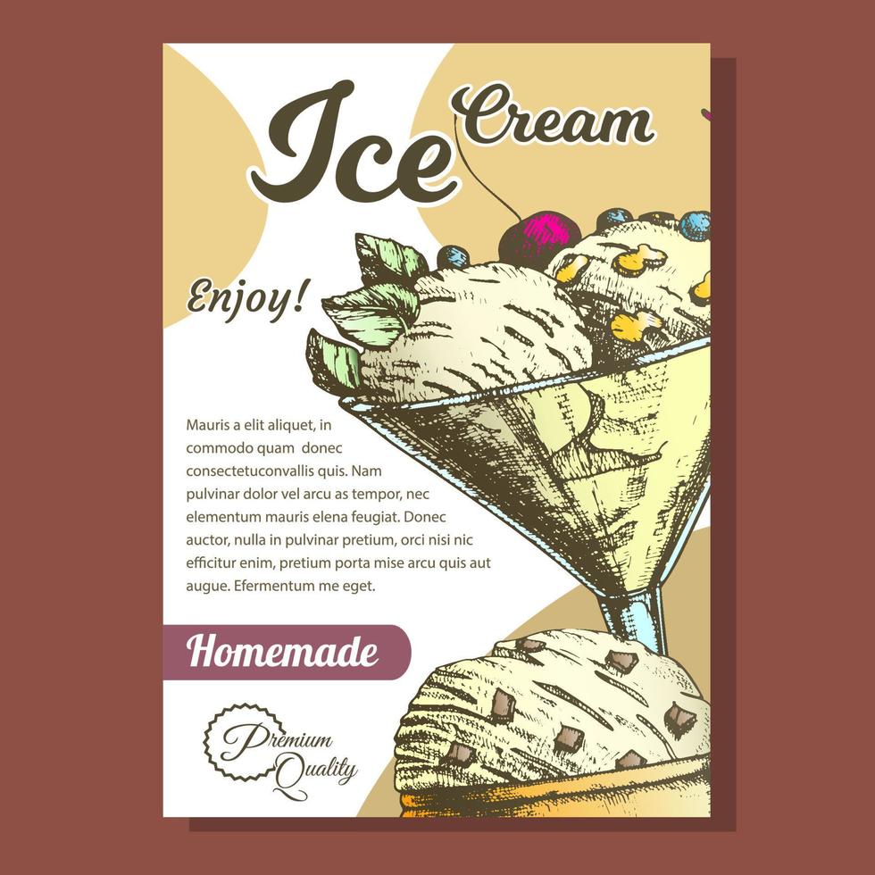 Glass With Fruit Scoop Ice Cream Banner Vector