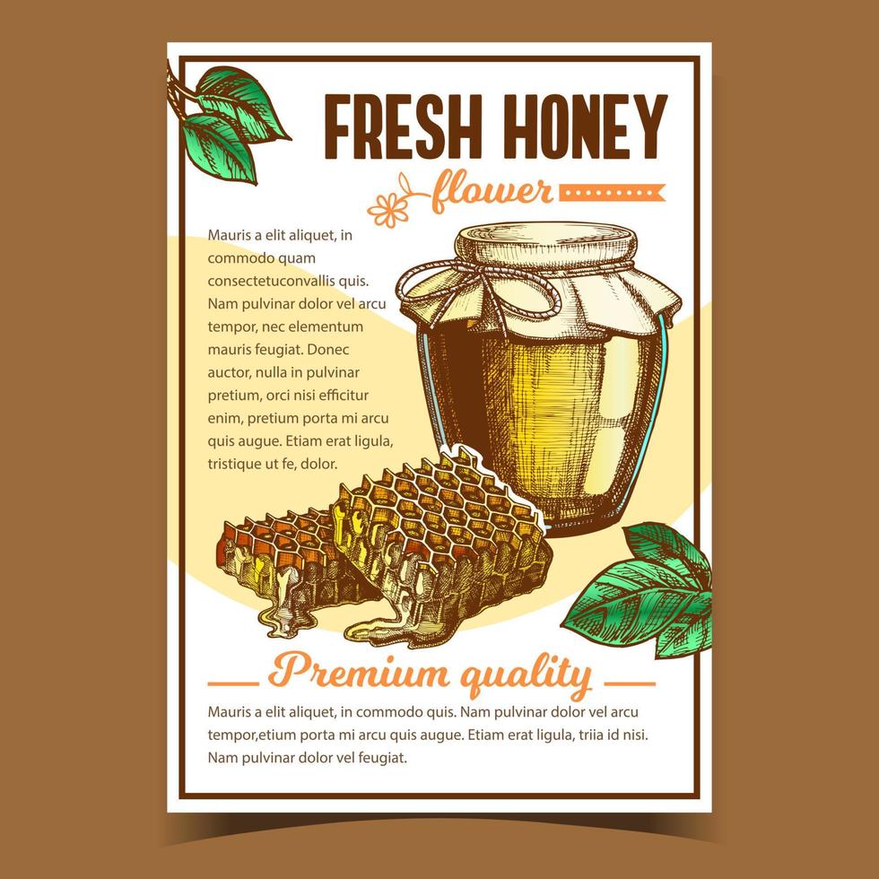 Honey In Bottle And Honeycombs On Poster Vector