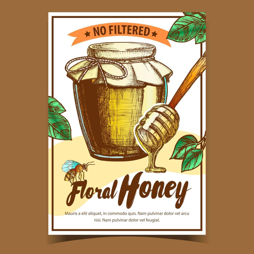 Honey In Bottle And Wooden Stick Poster Vector