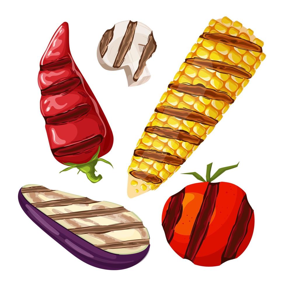 verduras a la parrilla conjunto ilustración vectorial de dibujos animados vector